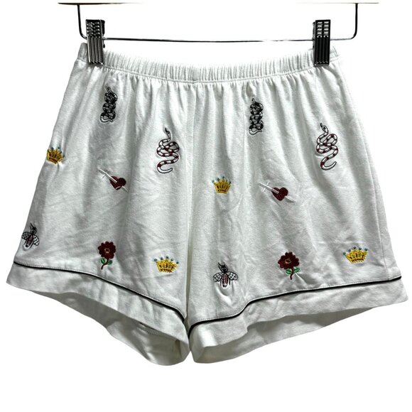 Oolala Womens Embroidered White Lounge Shorts With Heart & Flower Pattern Size M - Picture 1 of 4